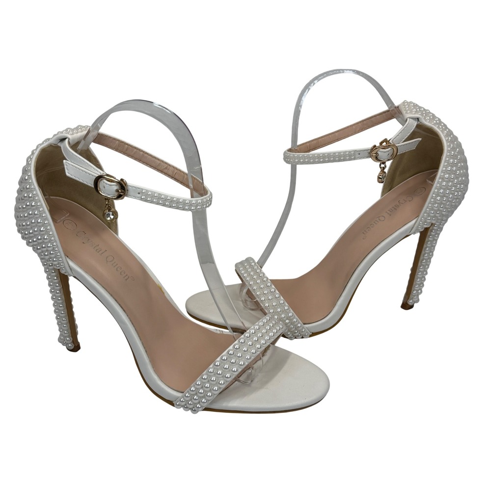Crystal Queen Pearl Bridal Heels EU 42 US 11 White‎ Ankle Strap Wedding Sandals